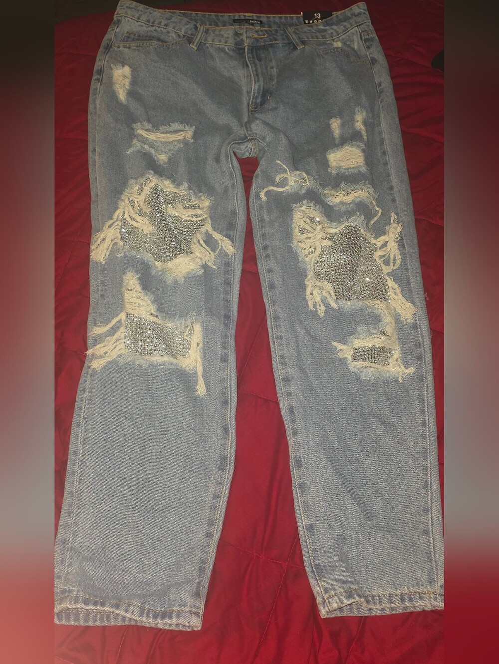 Fashion Nova Light Blue Distressed WoMen's Straight Jeans with Rhinestone Panels